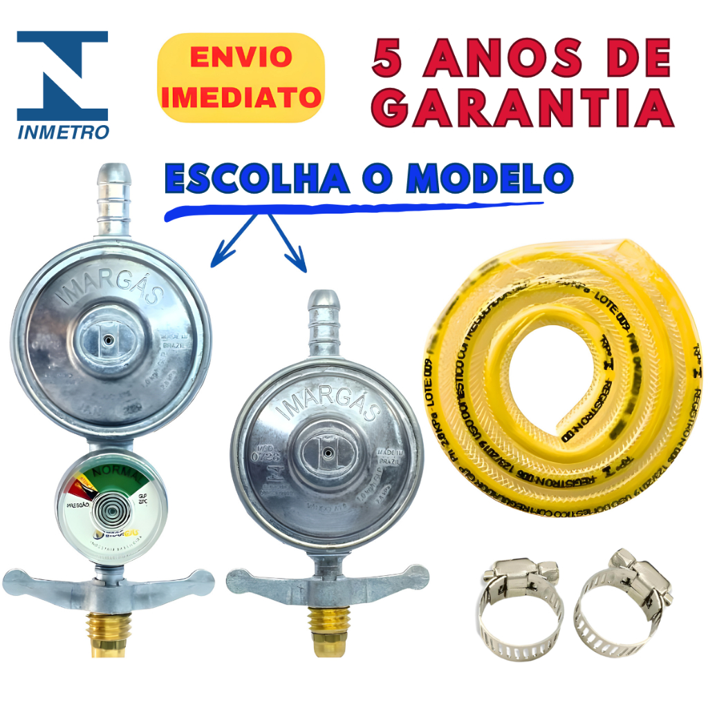 Registro Gas Regulador Marcador Visor Manometro 1KG/H Mangueira Abraçadeira Kit Botijão Cozinha 13Kg