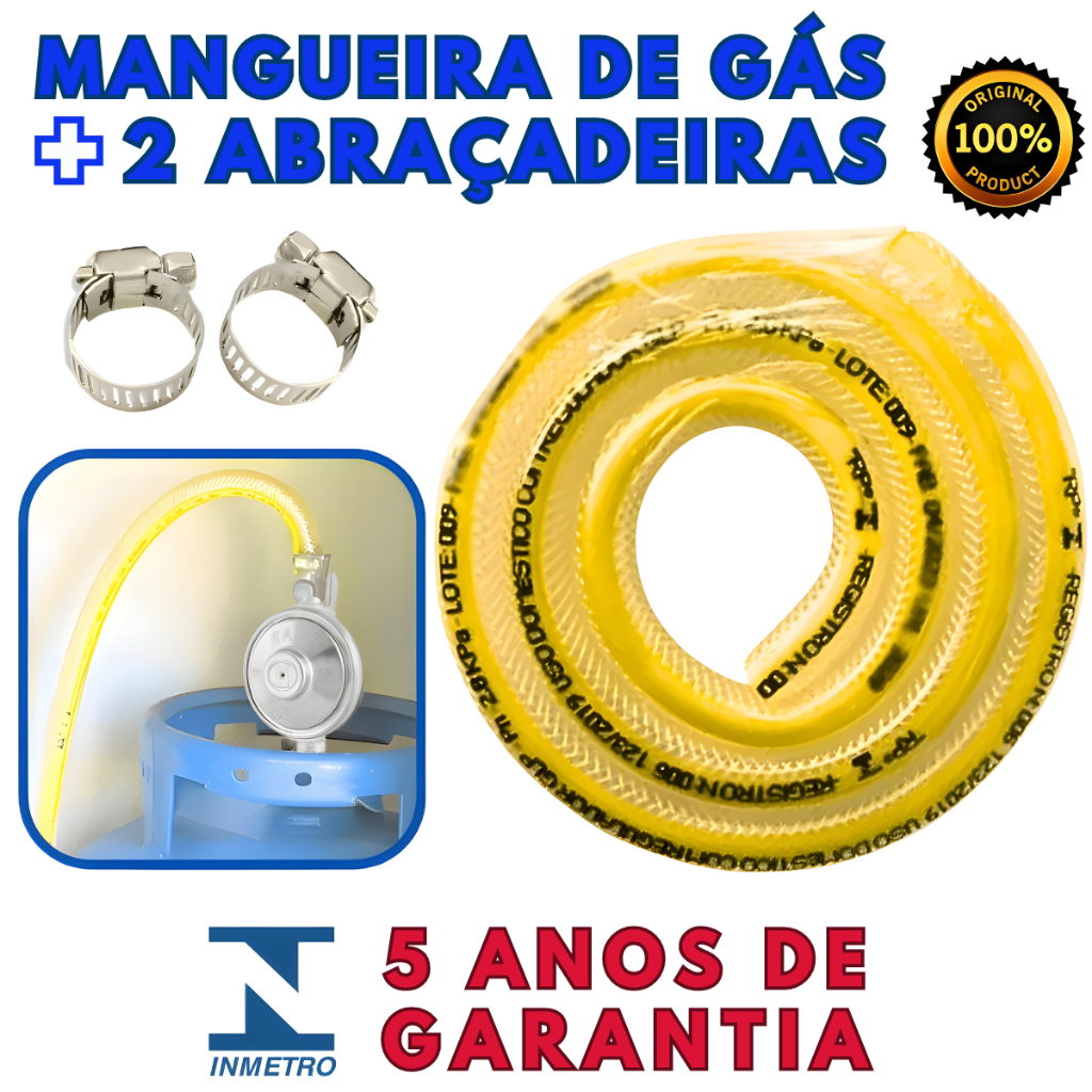 Mangueira de Botijão Butijao Bujão de gás de Cozinha 13Kg com 2 Abraçadeira de Aço Inoxidavel 3/4