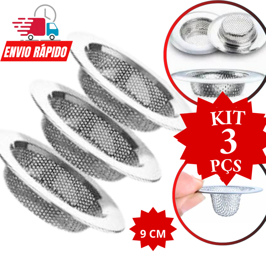 Kit Conjunto 3 Peças  Ralo Ralinho Ralo Japonês  9 cm Inox  Para Pia Cozinha Válvula Americana Borda Larga Universal