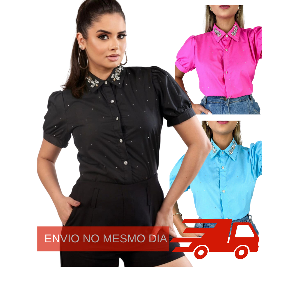 Blusa feminina camisa elegante social manga curta com pedraria em brilho delicada gola alta moda  outono inverno