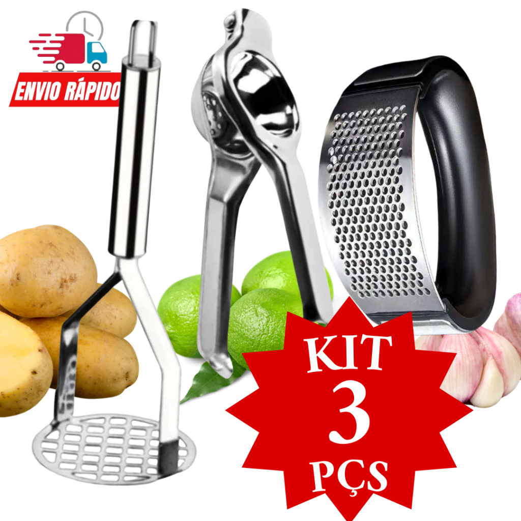 Kit 3 Peças Amassador de Batata Multiuso + Amassador Cortador de Alho + Espremedor de Limão Aço Inox p/ Cozinha Promoção