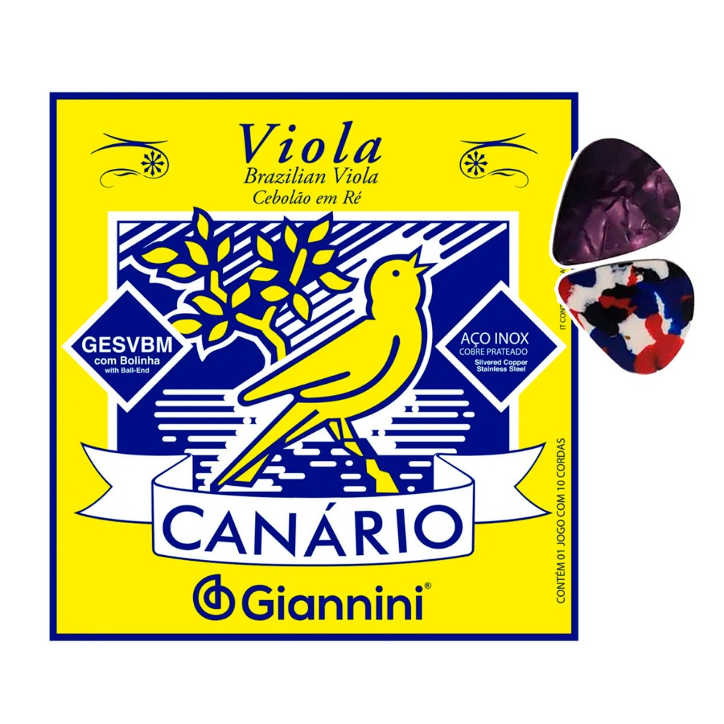 Encordoamento Cordas para Viola Caipira Canário Giannini GESVBM Ré+ 2 Palhetas