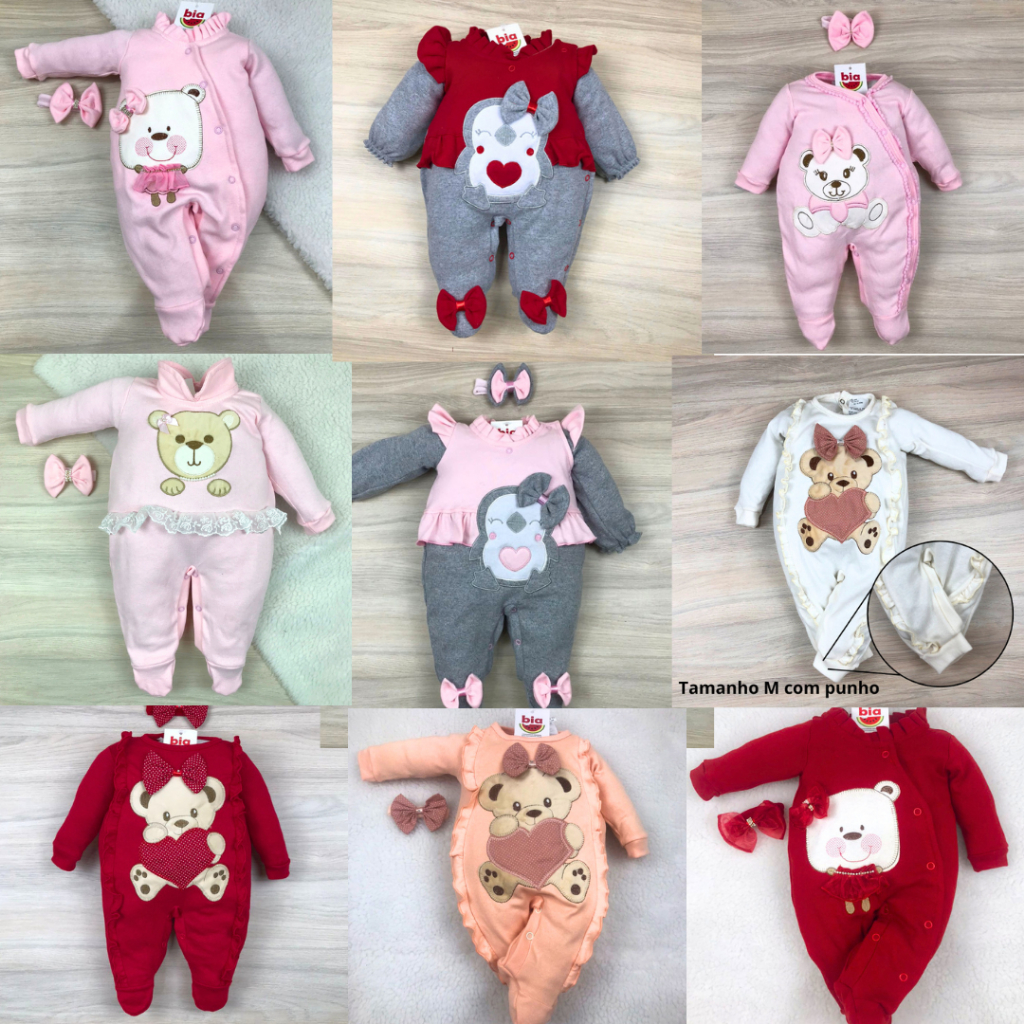 Macacão bebê menina bordado manga longa modelos variados em Oferta na Shopee