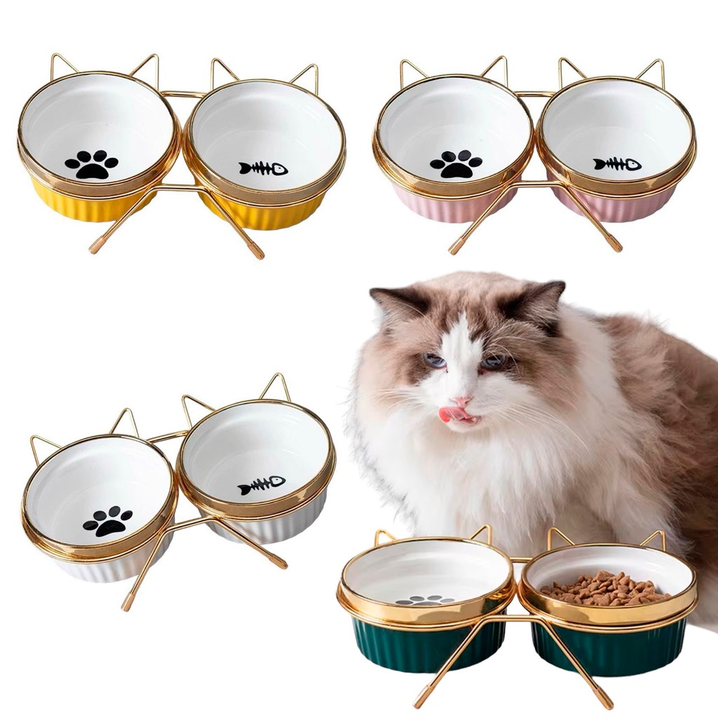 Comedouro Bebedouro Duplo Elevado Cerâmica Gatos Pet Persa