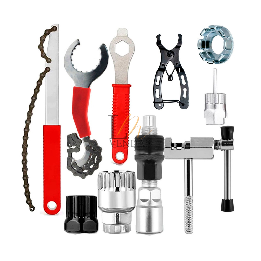 Kit Chaves Reparação Ferramenta Extrator Pedivela Com Cabo Sacador + Chave Extrator Bike Movimento Central + Chave Extrator Catraca K7 + Chave Extratora De Catraca Bike K-7 + Mini Alicate + Chave De Raio