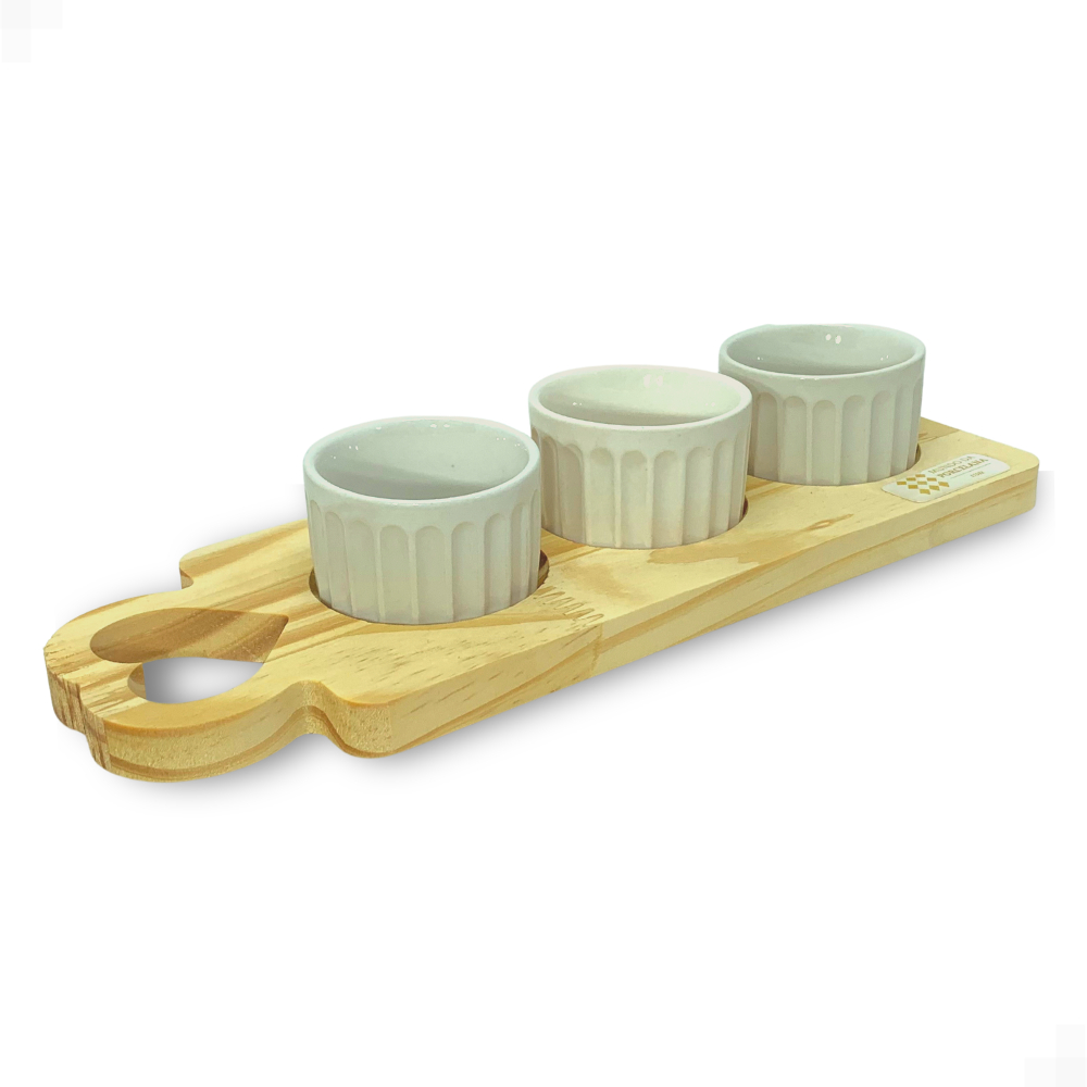 Kit para Molhos e Tempero Ramequins Branco de Porcelana com Tabua de Madeira