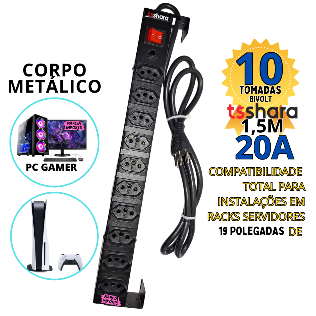 Filtro de Linha 10 ou 8Tomadas Ts Shara Alta Potencia 20Amperes Bivolt Com Disjuntor cabo 1,5Metro