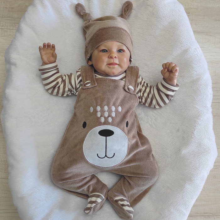 Conjunto Roupa Para Bebê Menino Amigo Ursinho Bordado Body Manga Longa com Jardineira + Touca Bege