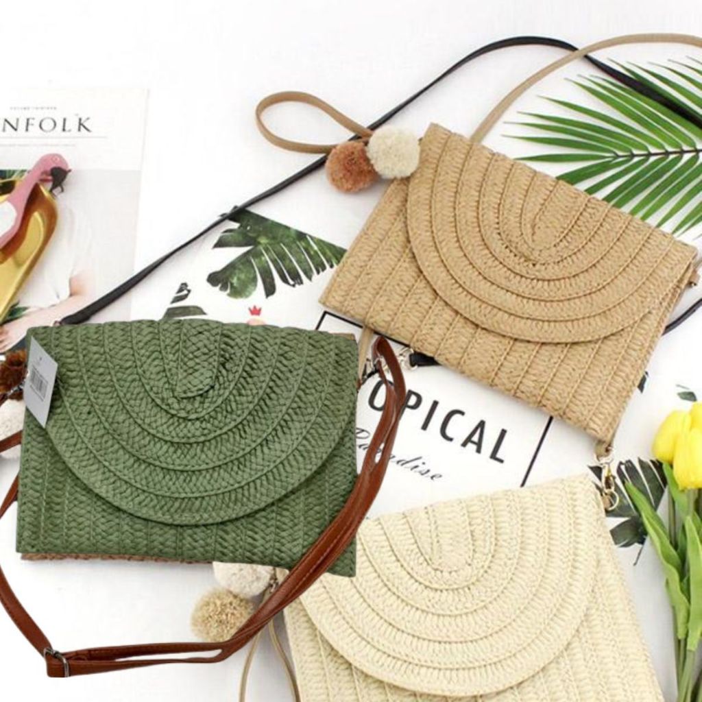 Bolsa De Palha Carteira Clutch De Mão Com Alça Transversal Moda Praia Tabata