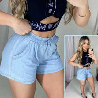 Short Feminino Jeans Claro Elastico na Cintura em Oferta na Shopee
