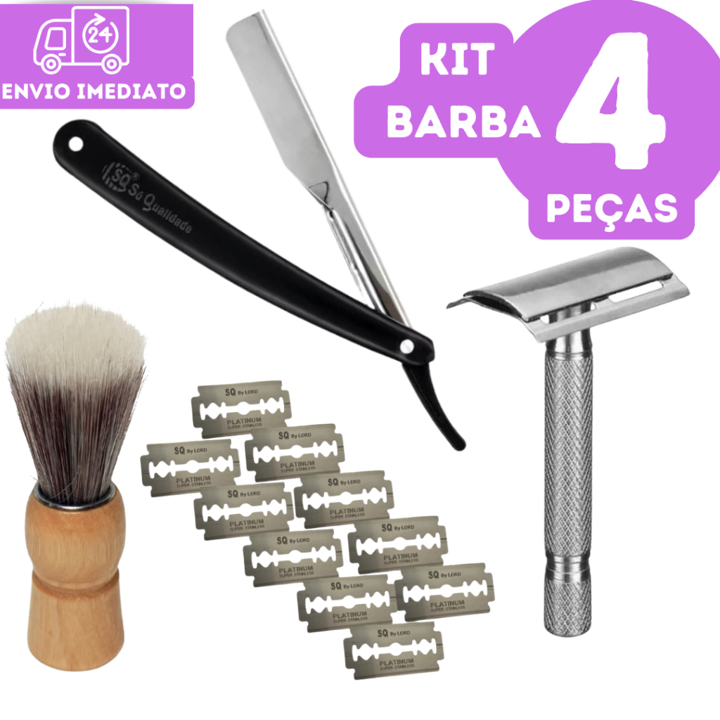 Kit Barba 4 Peças Navalha Aparelho de Barbear Retrô Pincel de Barba 10 Lâminas Cabelo Bigode