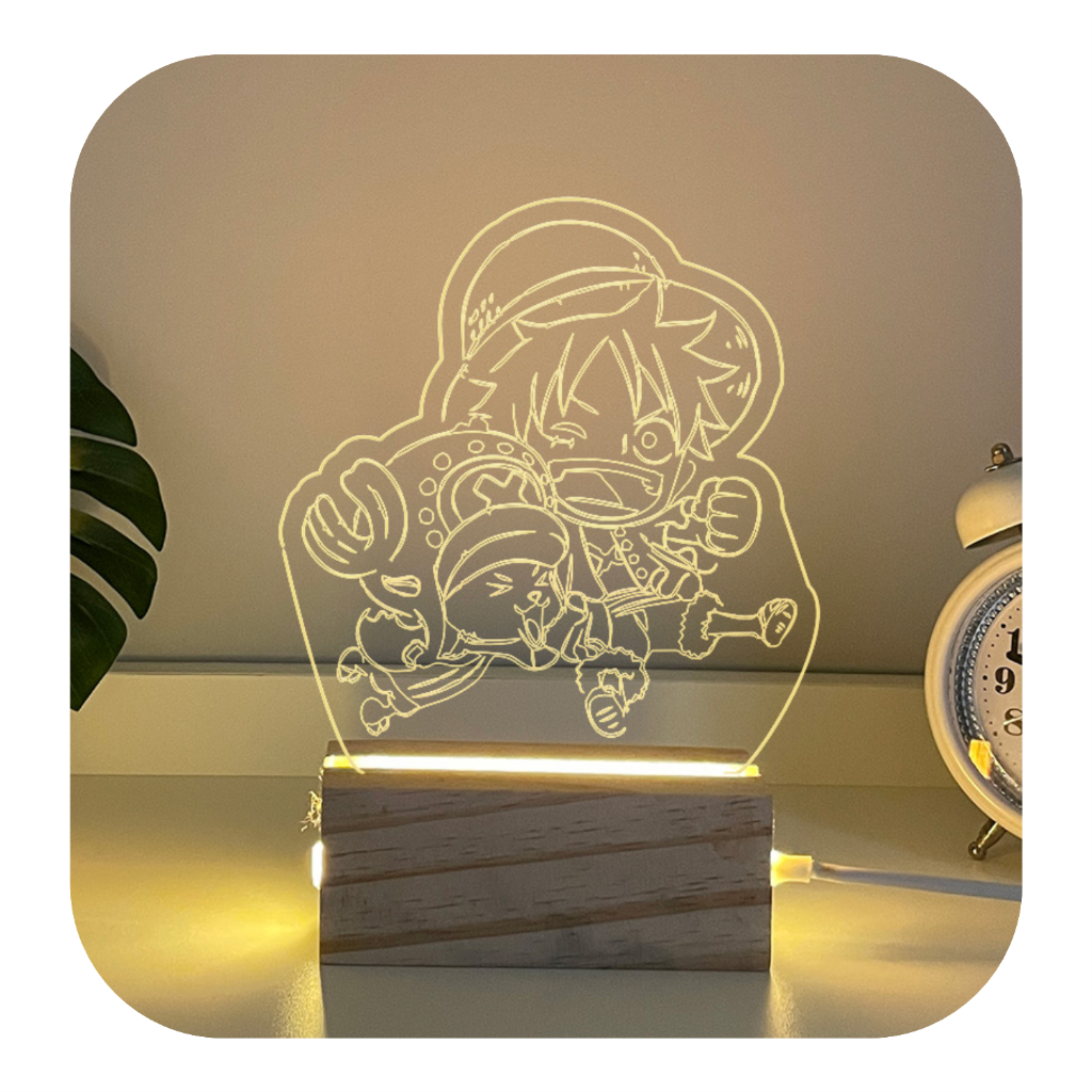 Luminária De Mesa Luffy e Chopper One Piece Em Madeira 3d Acrílico Led Abajur