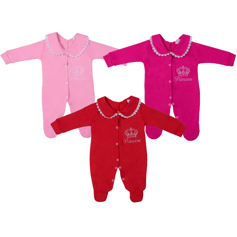 Macacões Para Bebê Menina Renda E Bordado Princesa - Enxoval Bebe Feminino - Macacão Luxo 03 Peças