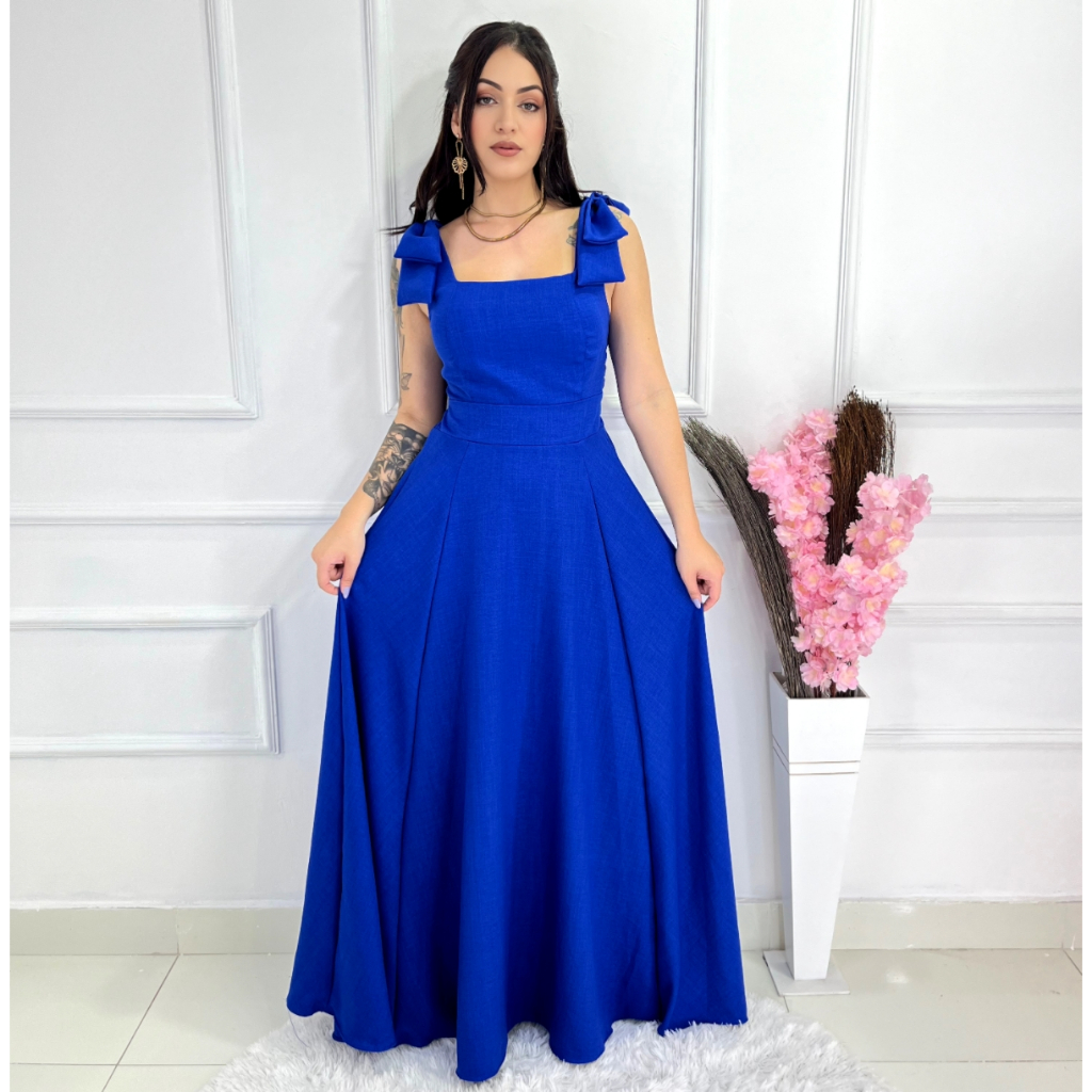 Vestido longo Luxo alça larga liso duna linho com laço na ombro 0190
