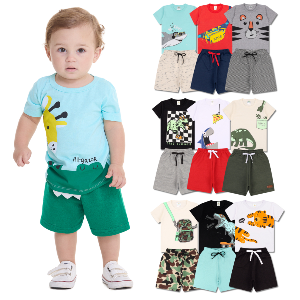 Kit Sortido 10 Peças de Roupas Infantil Bebê Menino (5 Camisetas + 5 Bermudas) Kit 5 Conjuntos Bebê em Oferta na Shopee