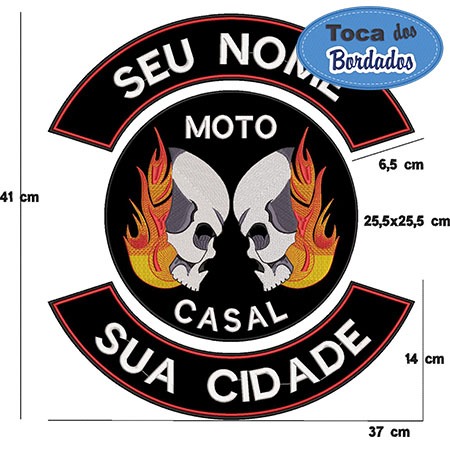 Back Patch Bordado para Moto Casal Brasão Caveira em chamas Cód.6169 - Seu Nome e Sua Cidade - Texto livre - Fixação Costura