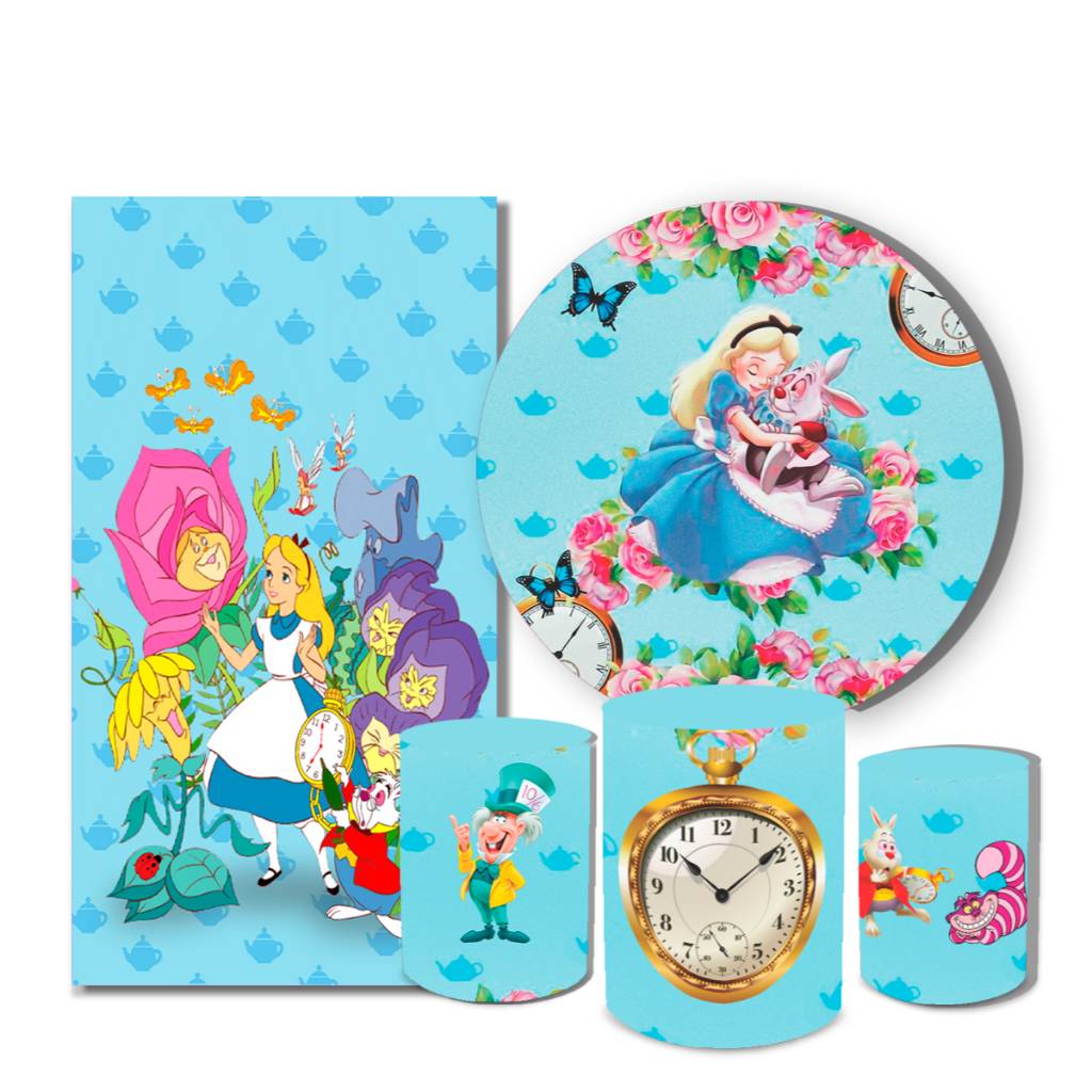Kit Casadinho Veste Fácil Painel Redondo Lateral Romano Trio Capa Cilindros Tema Alice Herói Filmes