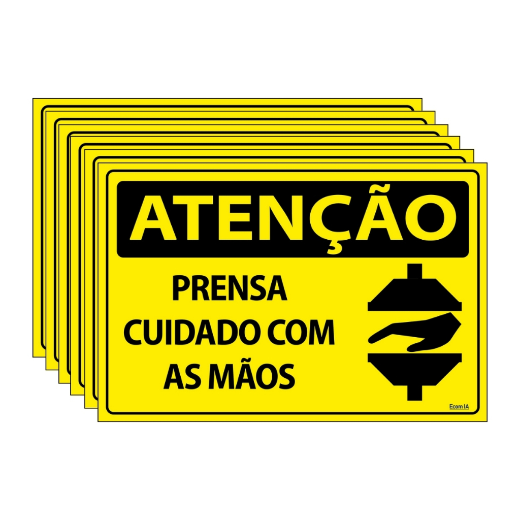 Kit 6 Placas De Sinalização Atenção Prensa Cuidado Com As Mãos 30x20 Ecom IA - SA14 F9e
