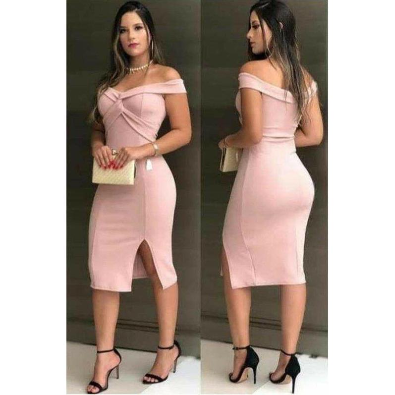 Vestido Midi Tubinho Ombro A Ombro Fenda Elegante Básico De Festa Casamento Formatura em Oferta na Shopee