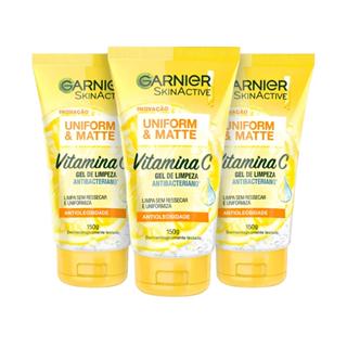 Kit 3 Gel de Limpeza Facial Antibacteriano Garnier Uniform & Matte Vitamina C, 150ml em Oferta na Shopee