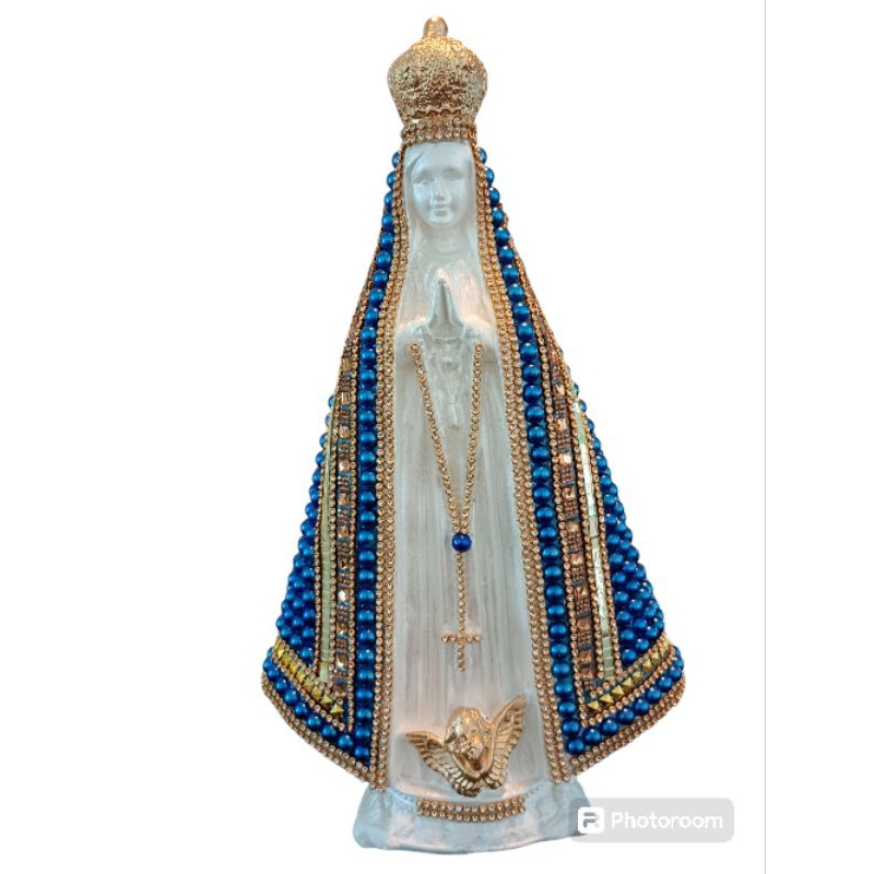 Imagem de Nossa Senhora Aparecida 34m de pérolas e strass em gesso azul e branca Italiana!