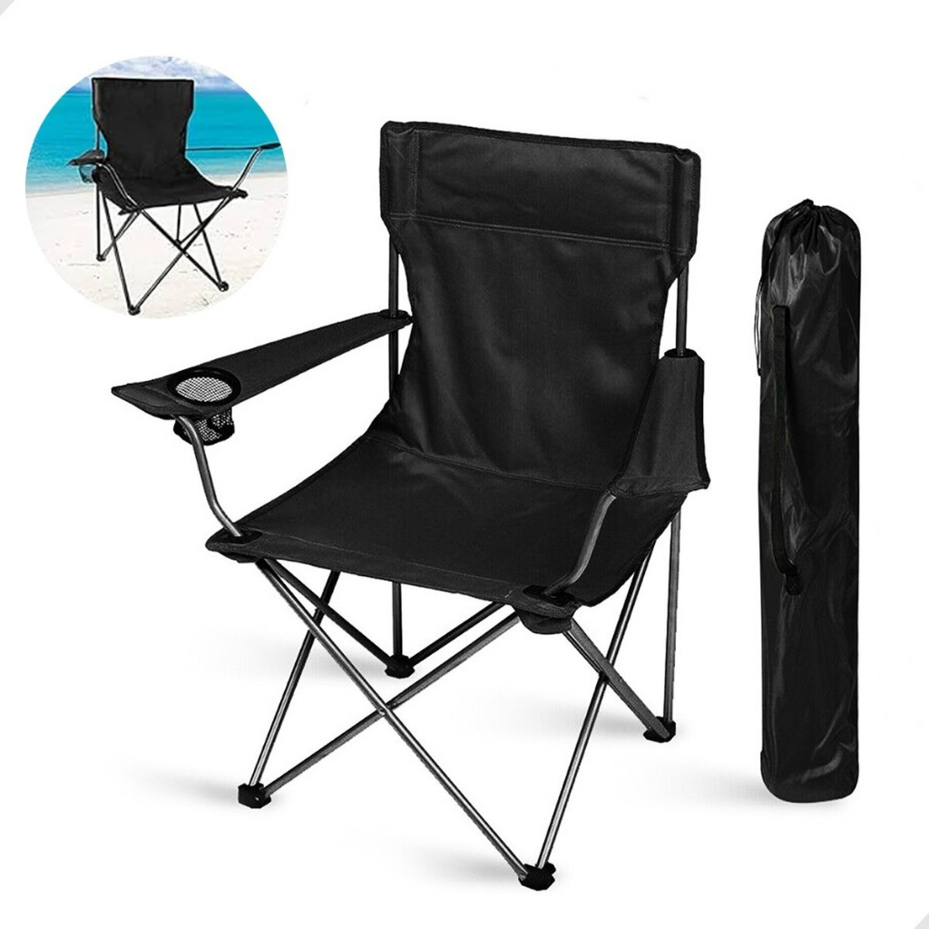 Cadeira Dobrável Com Porta Copos Aço Camping Pesca Praia Portátil Até 100kgs Com Bolsa de Transporte