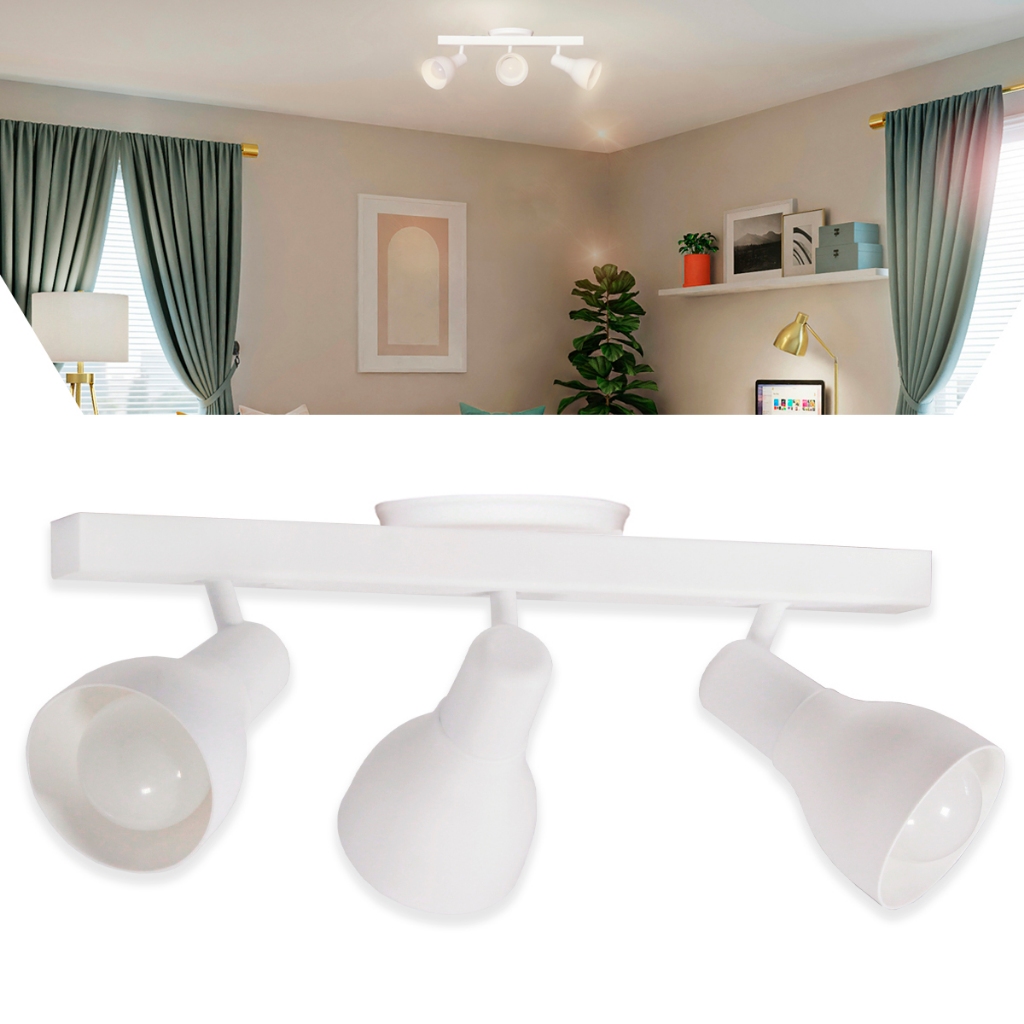 Lustre Luminária Teto Trilho Eletrificado 3 Spot Triplo Lâmpadas E-27 Canopla Tampa Cega Direcionavel Led 360° Sobrepor