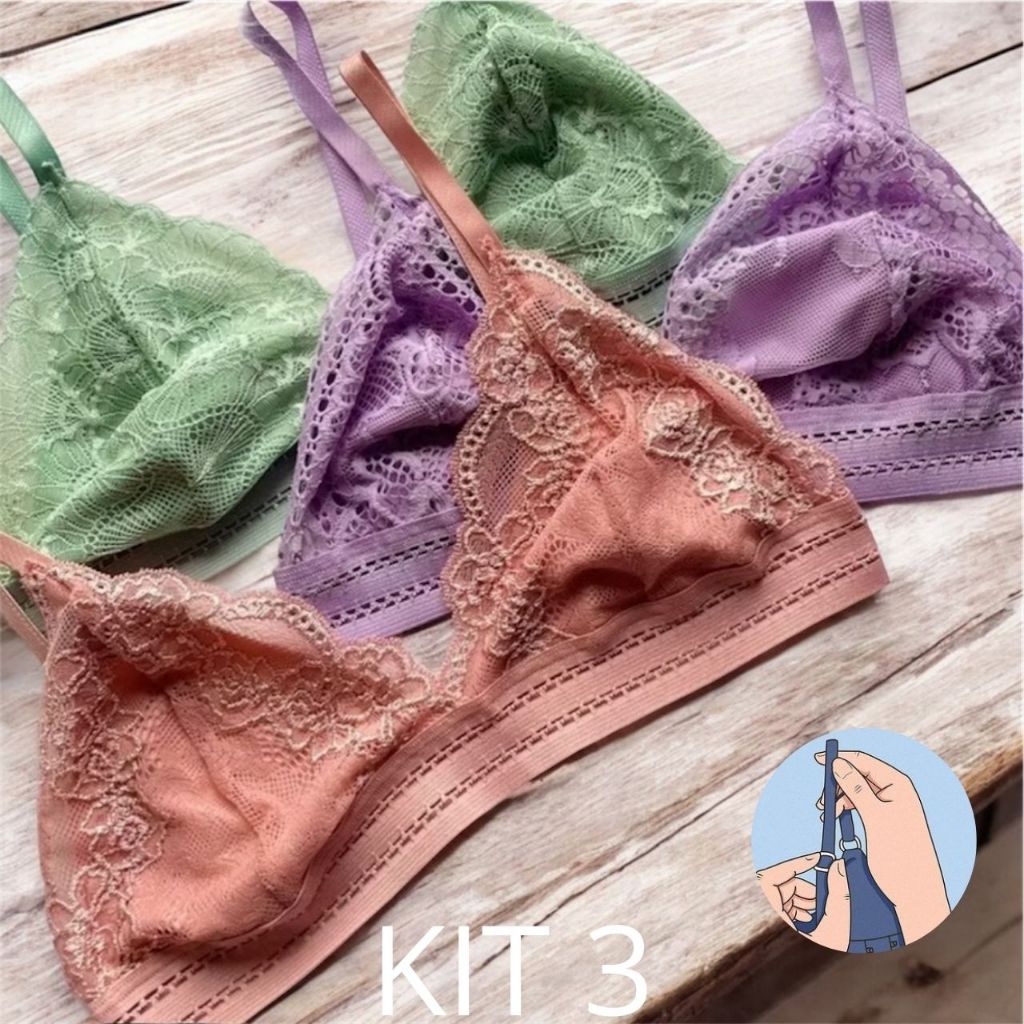 Kit 3 Sutiã De Renda Sem Bojo Com Forro com regulagem Tipo Top Com Elástico