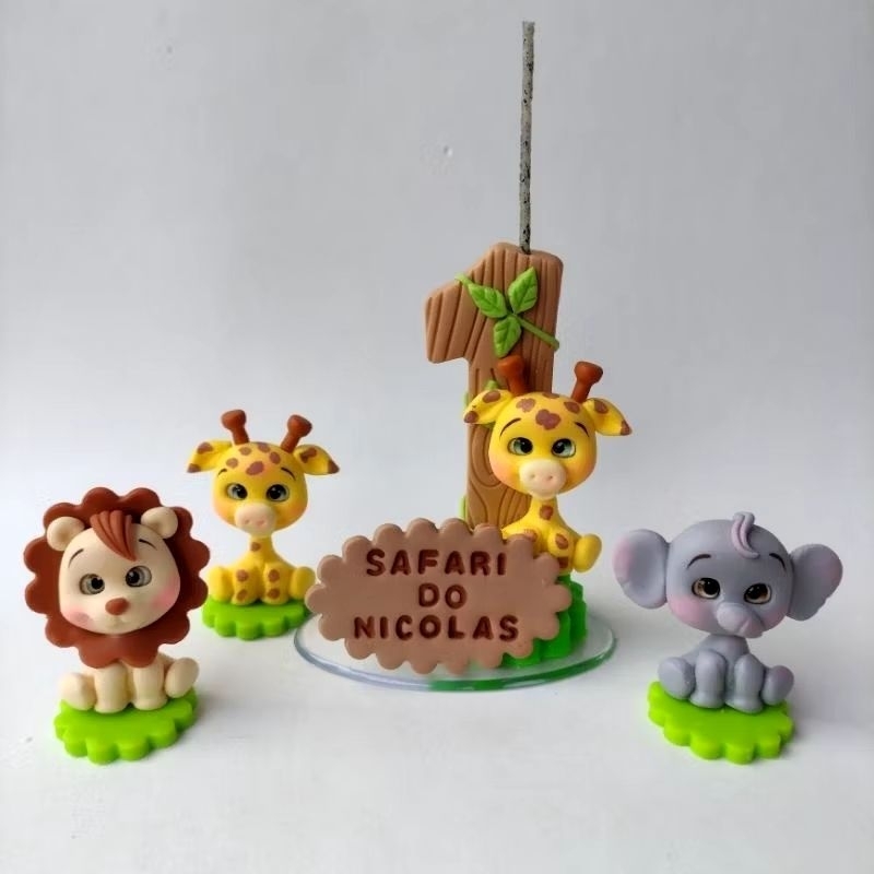 Kit vela de aniversário em Biscuit tema safari girafa + 3 animais a sua escolha 1,2,3,4,5,6,7,8 e 9 anos
