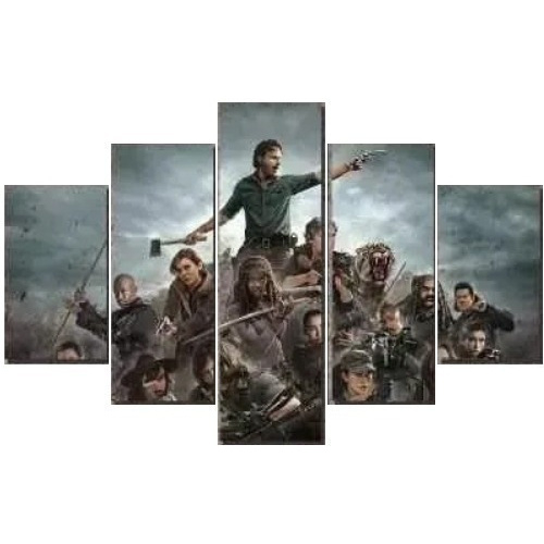 Quadro Decorativo The Walking Dead Mosaico 5 Peças Série Zumbis Aventura Horror Apocalipse Personagens