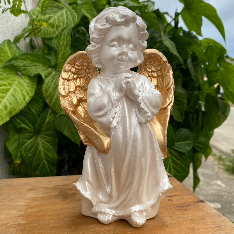 Kit 10 Anjo Da Guarda 20cm Perolado Com Dourado / Lembrança Batizado Delicado