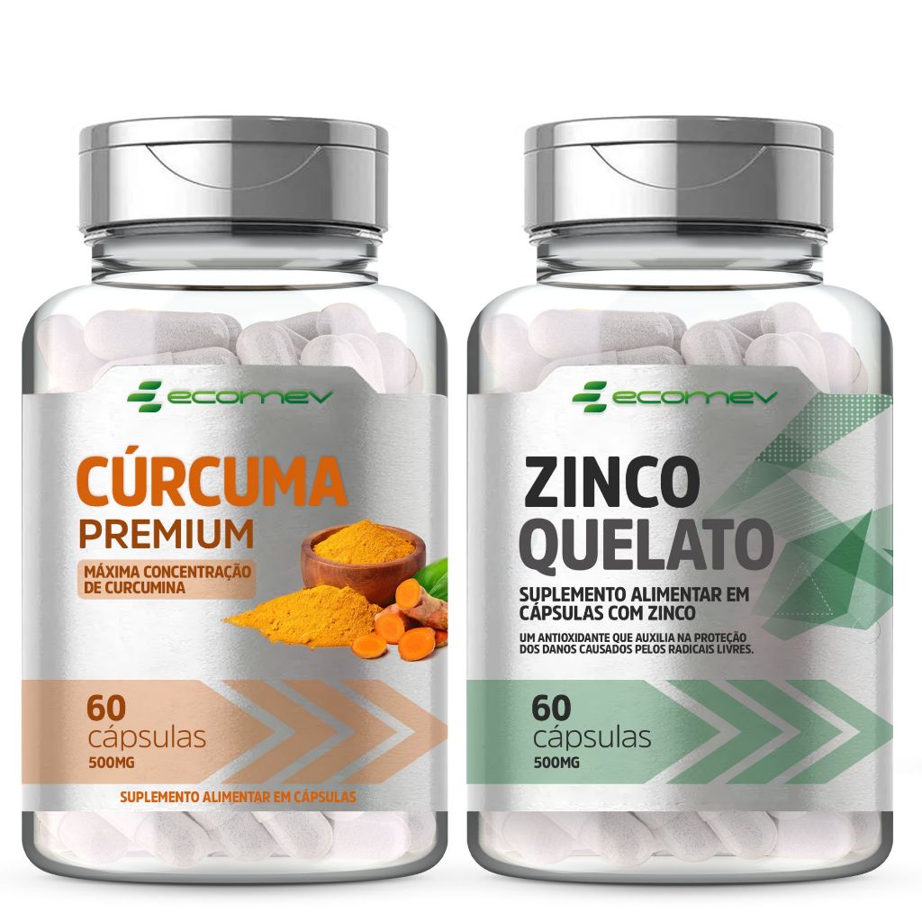 Kit Curcuma Longa Curcumina Pura + Zinco Quelato 500Mg 120 Cáps Ecomev