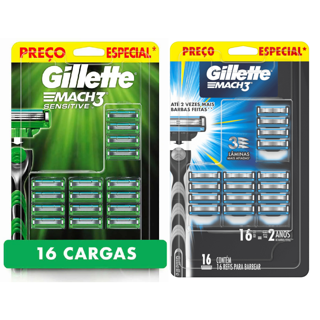 Carga Para Gillette Mach3 Sensitive Ou Normal Com 16 Unidades Original Mach 3 Gilete Refil Gillete Aparelho Gilette Barbear Cartela Cartucho Lâmina Lamina Recarga Regular Lâminas