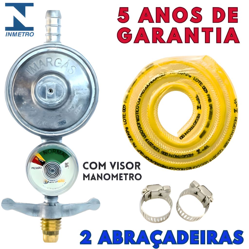 Registro Regulador De Gas Cozinha Com Visor Manometro 1KG/H Com Mangueira com Abraçadeiras