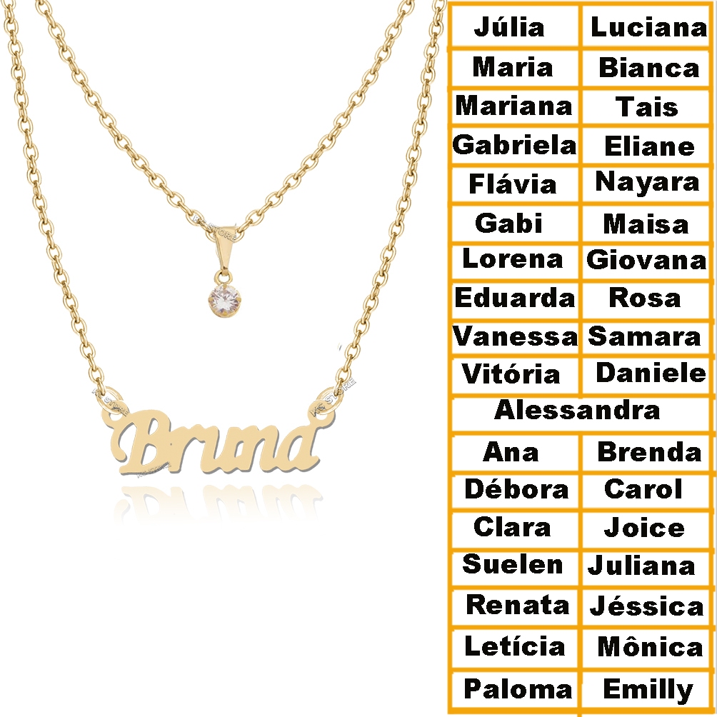 Colar Duplo Feminino de nome Bruna Larissa Ana Maria Júlia Eduarda Folheado Dourado Corrente Fino