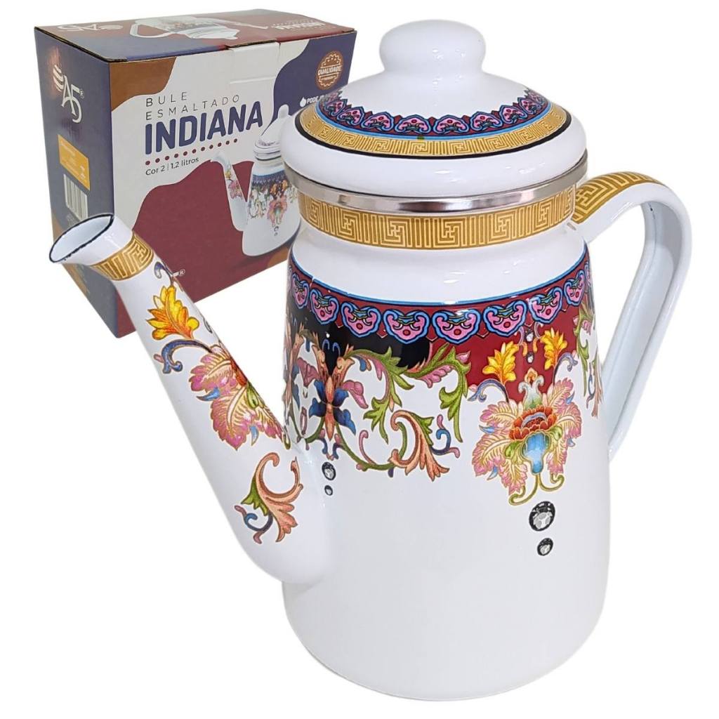 Bule Para Café Chá Esmaltado Decorado Ágata Fogão Indução Gás 1,2 Litros