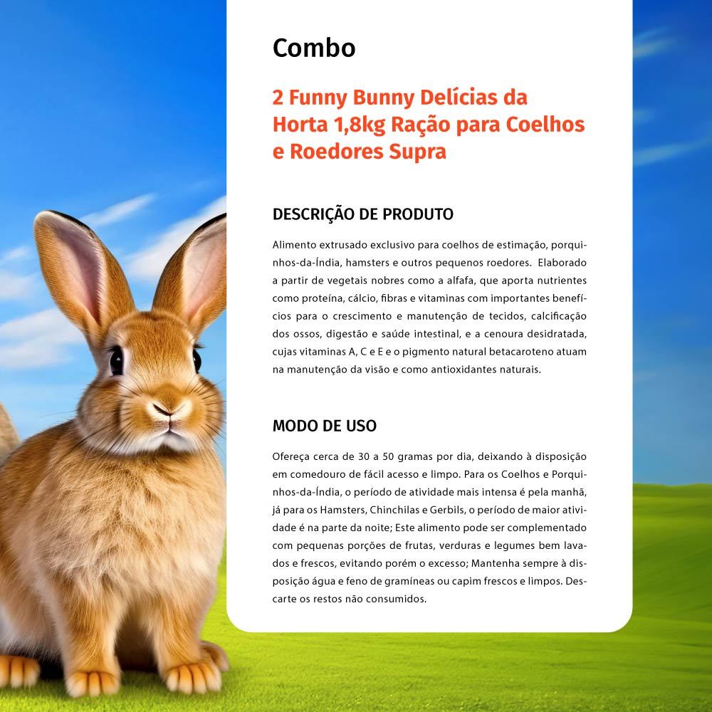 Detalhes do Kit 2 Rações Funny Bunny Delícias da Horta 1,8kg Supra