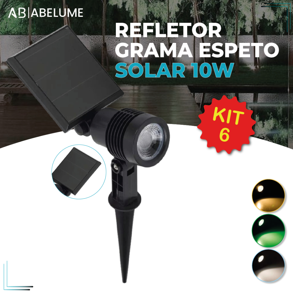 Kit 6 Luminária Espeto Jardim Solar LED 10W Refletor Solar | Luz de Gramado | À Prova D'àgua Avançada