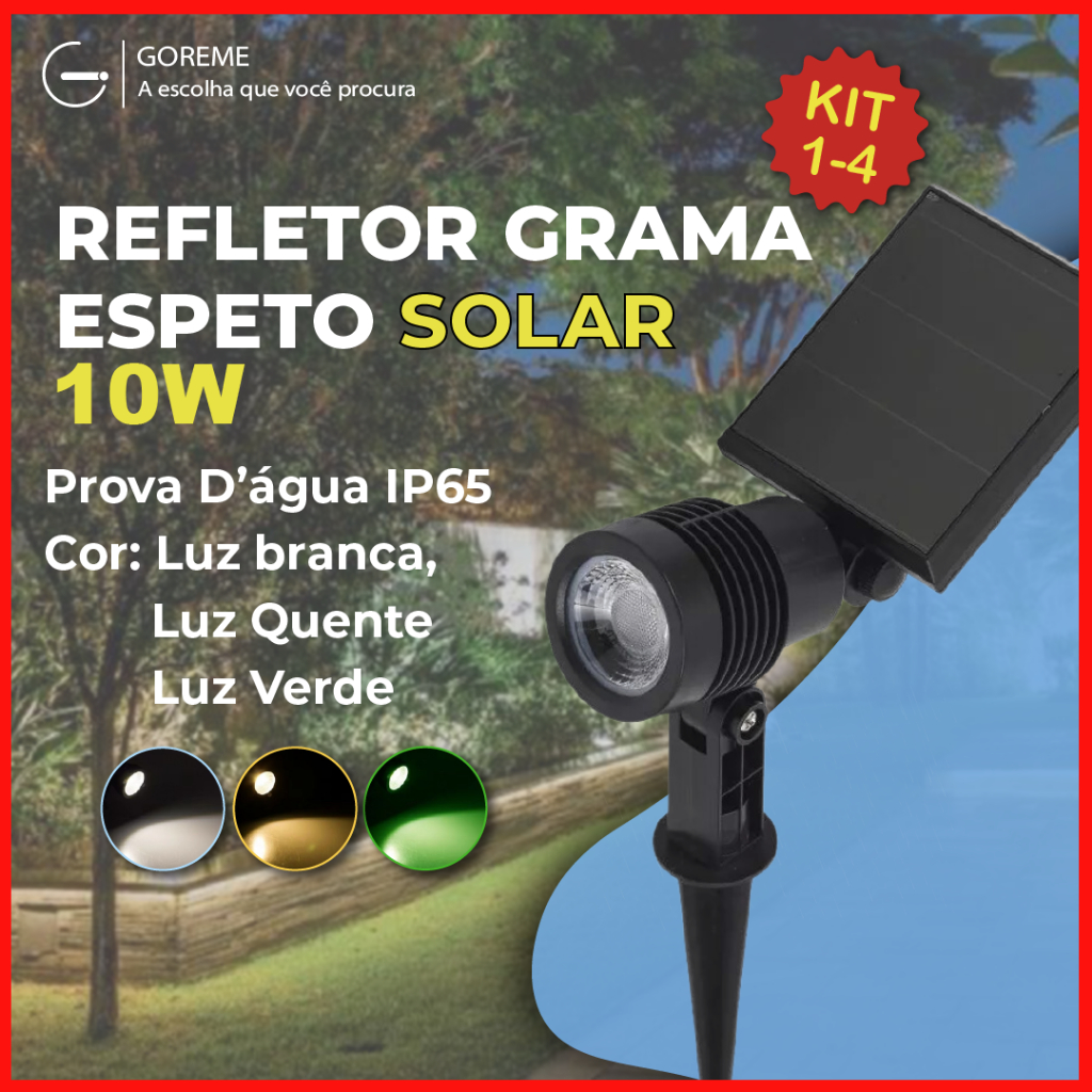 Kit 1-4 Luminária Espeto Jardim Solar LED 10W Refletor Solar | Luz de Gramado | À Prova D'àgua Avançada | Luz Branco Frio 6500K (Branco) | Branco Quente 3500K (Amarela) | Verde em Oferta na Shopee