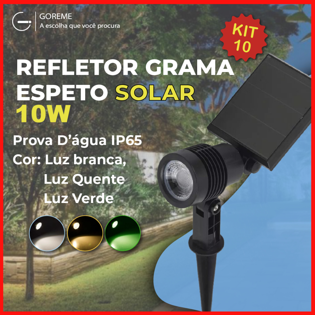 Kit 10 Luminária Espeto Jardim Solar LED 10W Refletor Solar | Luz de Gramado | À Prova D'àgua Avançada | Luz Branco Frio 6500K (Branco) | Branco Quente 3500K (Amarela) | Verde