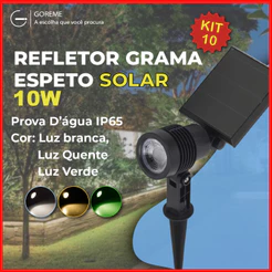 Kit 10 Luminária Espeto Jardim Solar LED 10W Refletor Solar | Luz de Gramado | À Prova D'àgua Avançada | Luz Branco Frio 6500K (Branco) | Branco Quente 3500K (Amarela) | Verde