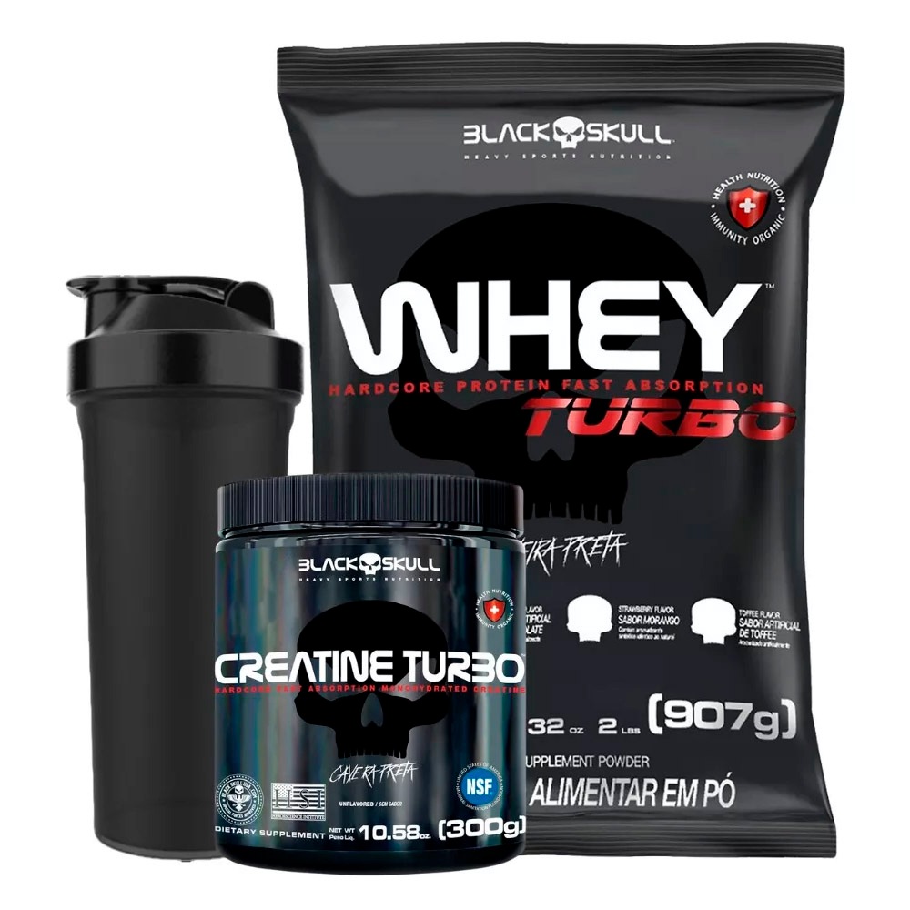 Kit Whey Protein Turbo 907g + Creatina Turbo 300g - Caveira Preta / Black Skull