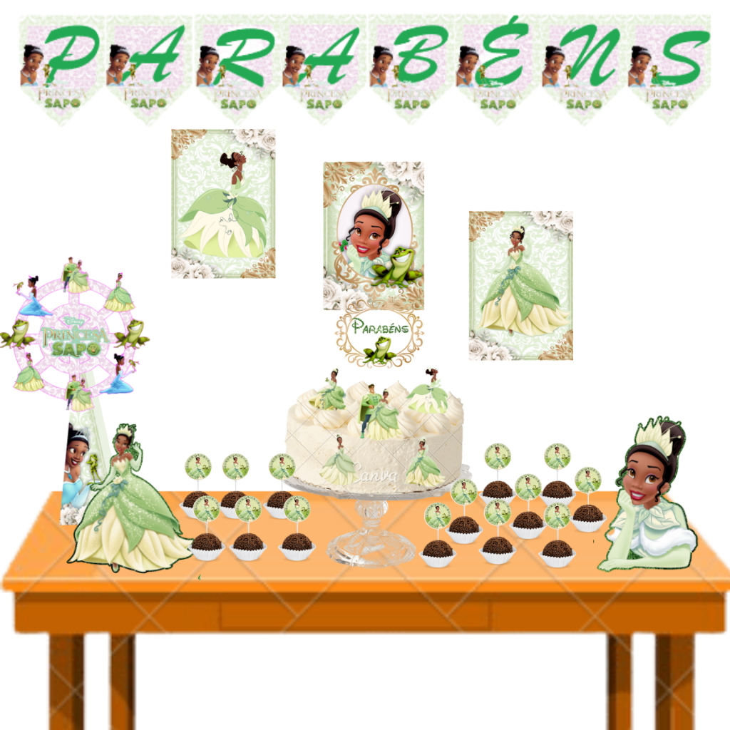 Kit festa em casa Tiana a princesa e o sapo + display bandeirinha + make maquiagem