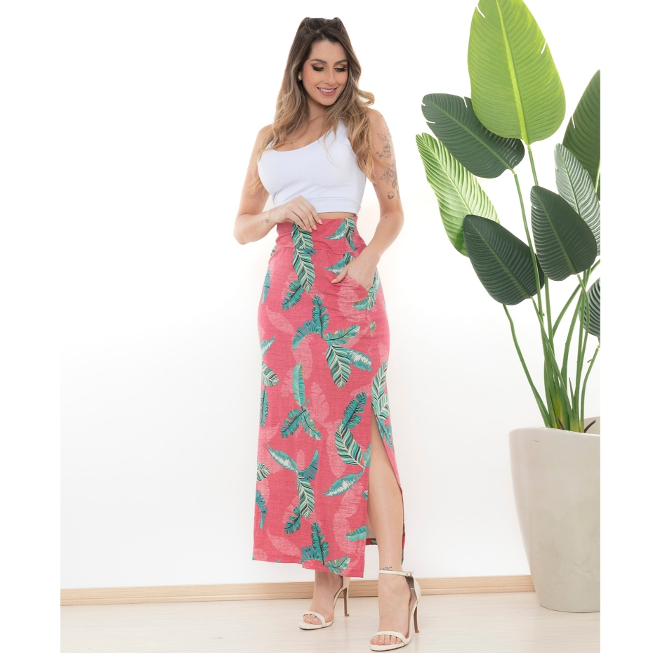 Saia Longa Feminina Estampada Floral com Fenda Lateral Cintura Alta Moda Verão 5032