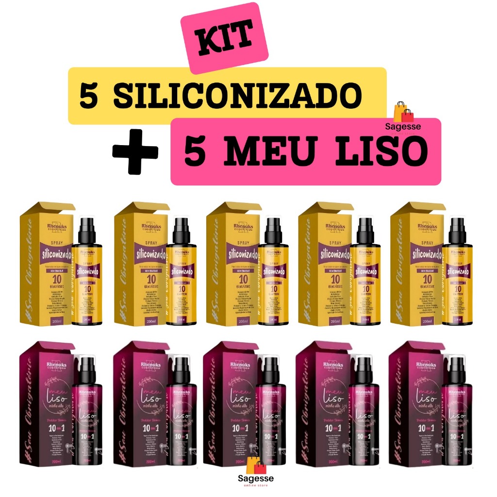 Kit com 5 Spray Capilar Meu liso + 5 Spray Capilar Siliconizado 200ml cada