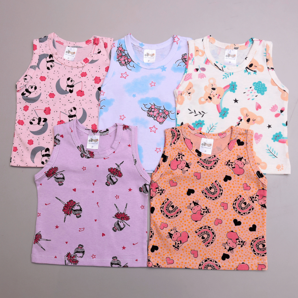 Kit 5 Peças Regata de Bebe Malha Estampada 100% Algodao Feminina e Masculina em Oferta na Shopee