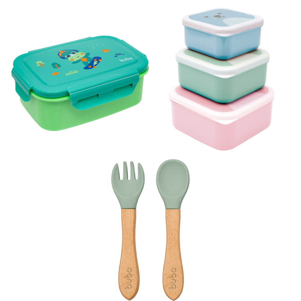 Kit Hora do Lanche Bento Box Dino com Potinho Gumy Rosa e Talher em Silicone Verde com Cabo de Bambu – Buba