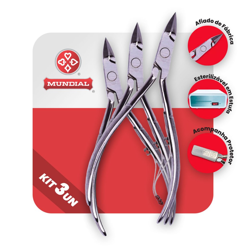 Kit Alicate De Cutícula Mundial 522C | 3 Unidades | Afiado de Fábrica Esterilizável em Est...