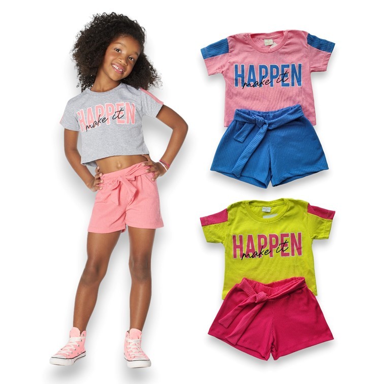 Conjunto Cropped Estampado e Short em Ribana Canelada Tam 4/6/8. Roupa de Menina Verão