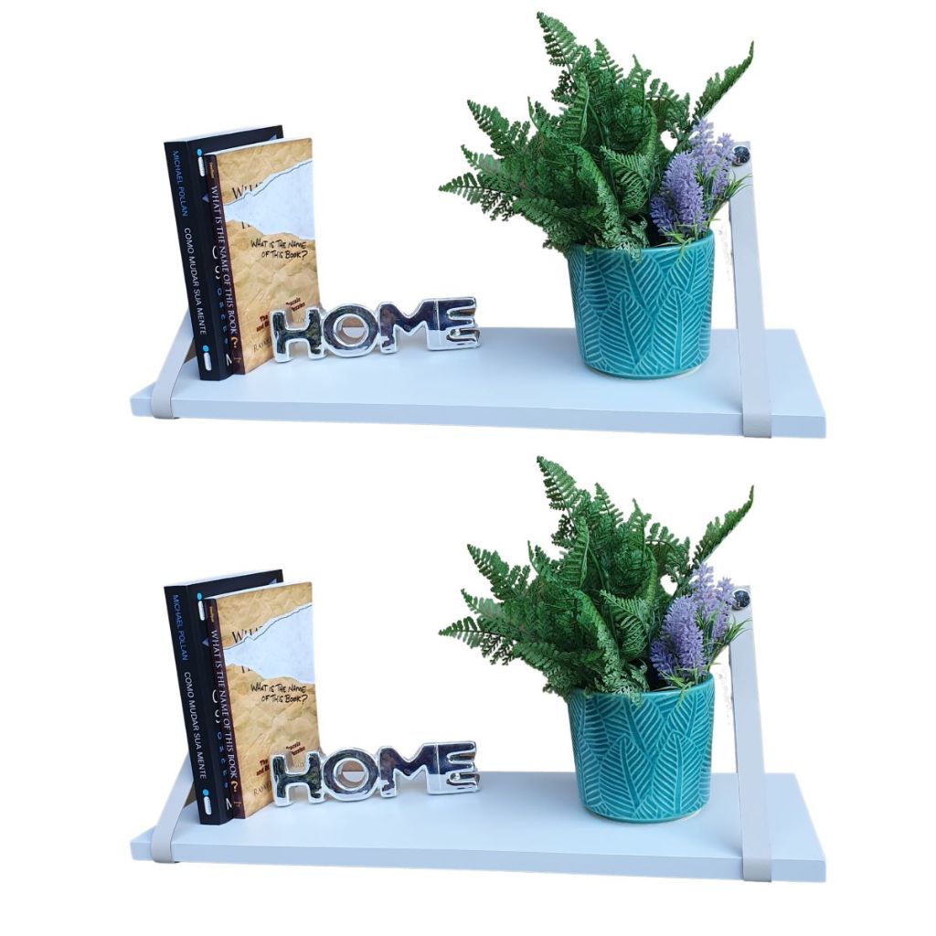 Kit 2 prateleiras mdf branco alça couro legitimo decoração quarto sala home office infantil 60x15